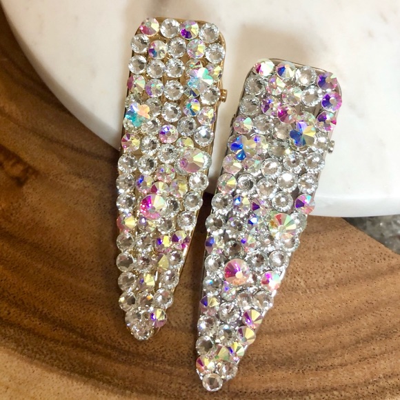 Iridescent Crystal Covered Barrette Hair Clips - Picture 5 of 8